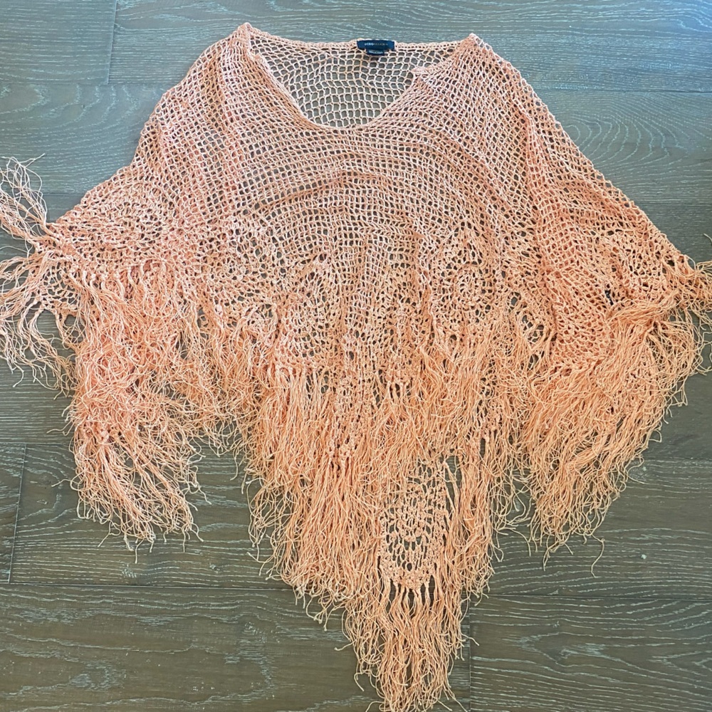 New BCBGMAXAZRIA Vintage 90s Y2K Hand Crochet Fringe Orange Poncho Kimono Retro